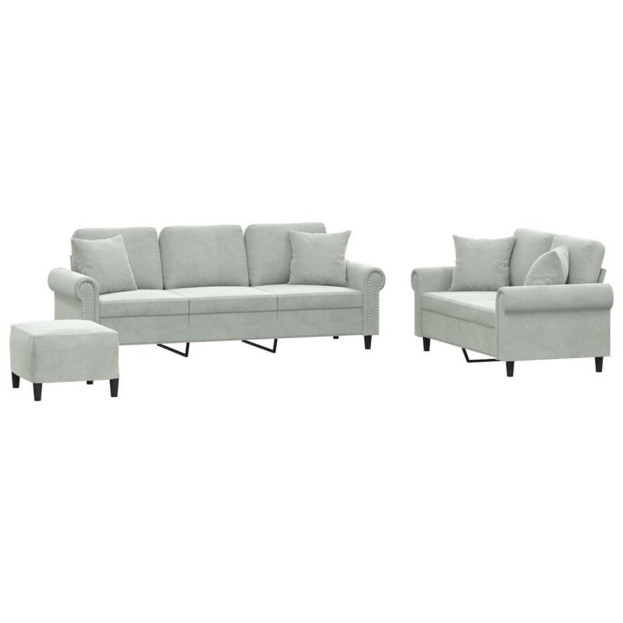 3-delige Loungeset met kussens fluweel lichtgrijs Lichtgrijs met kussens en voetenbankje