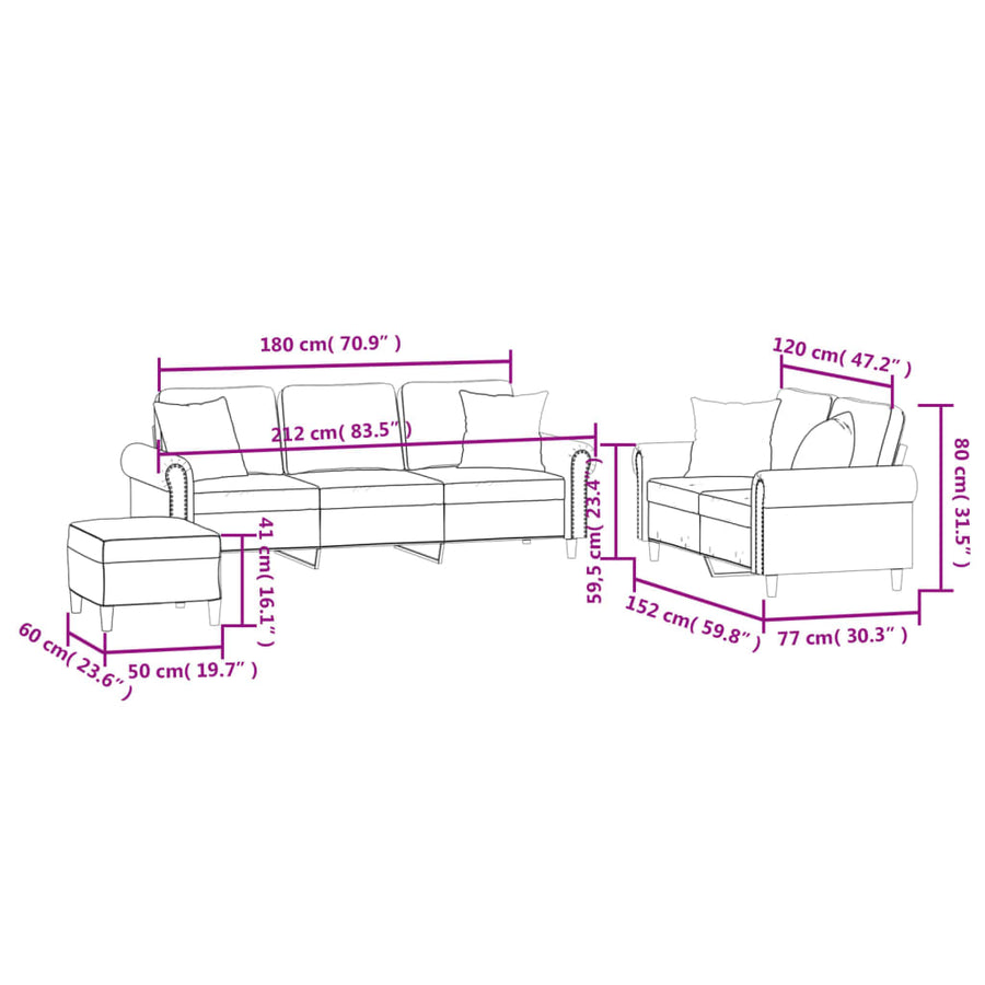3-delige Loungeset met kussens fluweel wijnrood