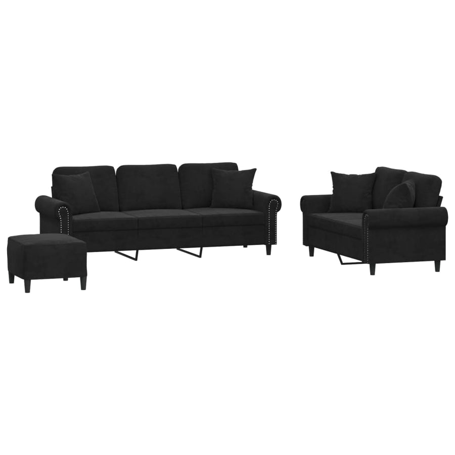 3-Delige Loungeset Met Kussens Fluweel Zwart met kussens en voetenbankje