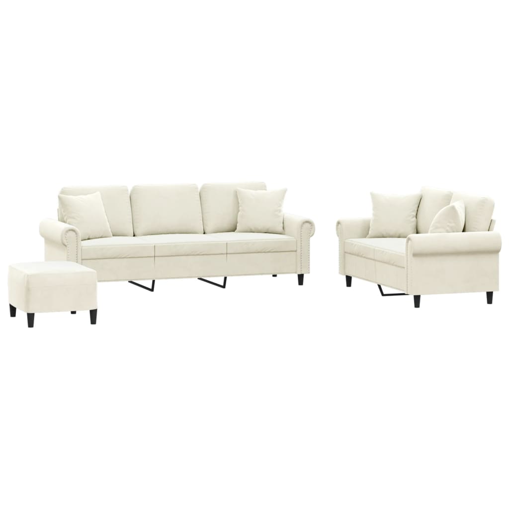 3-delige Loungeset met kussens fluweel crèmekleurig