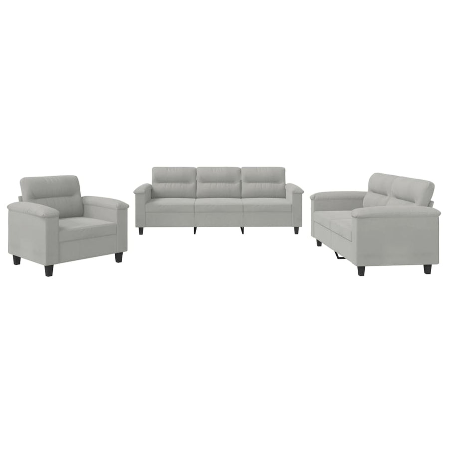 3-delige Loungeset met kussens microvezelstof lichtgrijs Lichtgrijs met kussens