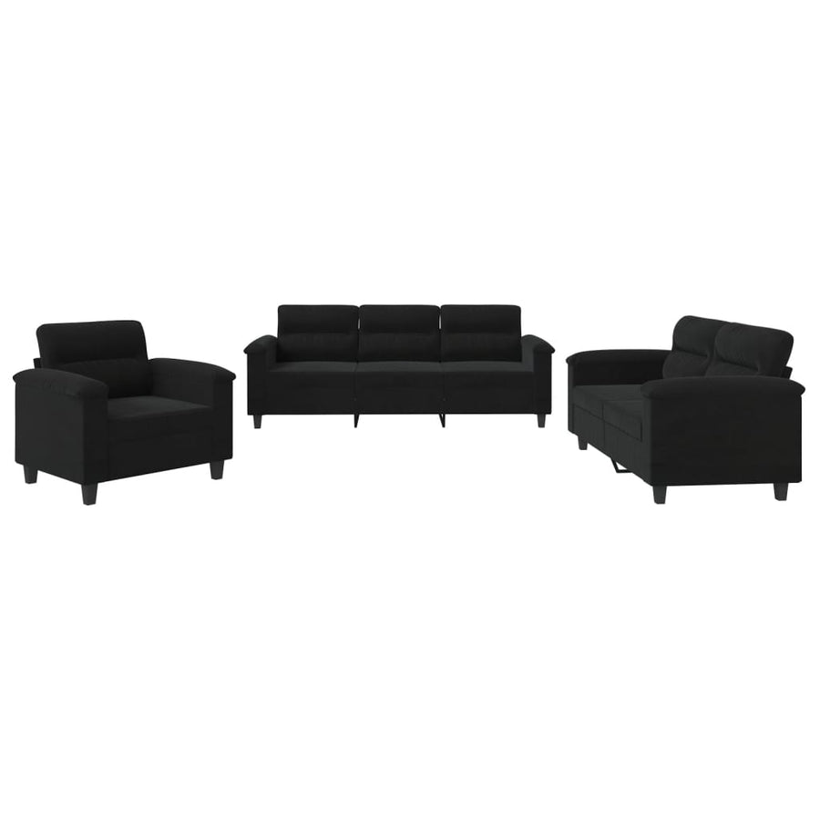 3-delige Loungeset met kussens microvezelstof zwart Zwart met kussens