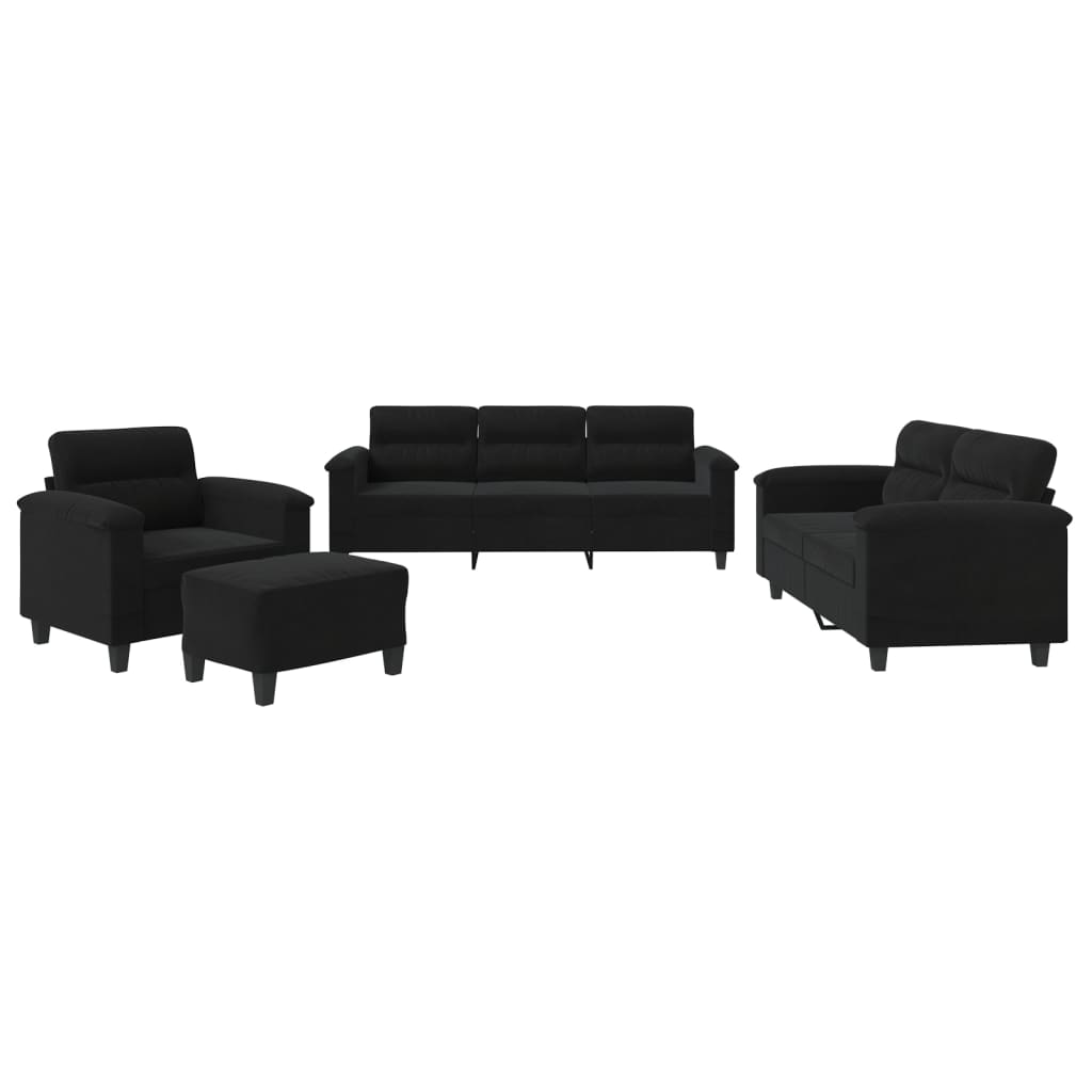 4-delige Loungeset met kussens microvezelstof zwart