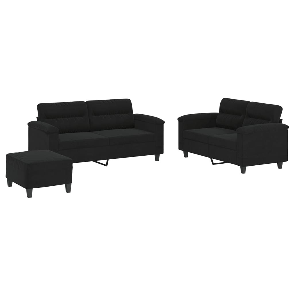 3-delige Loungeset met kussens microvezelstof zwart