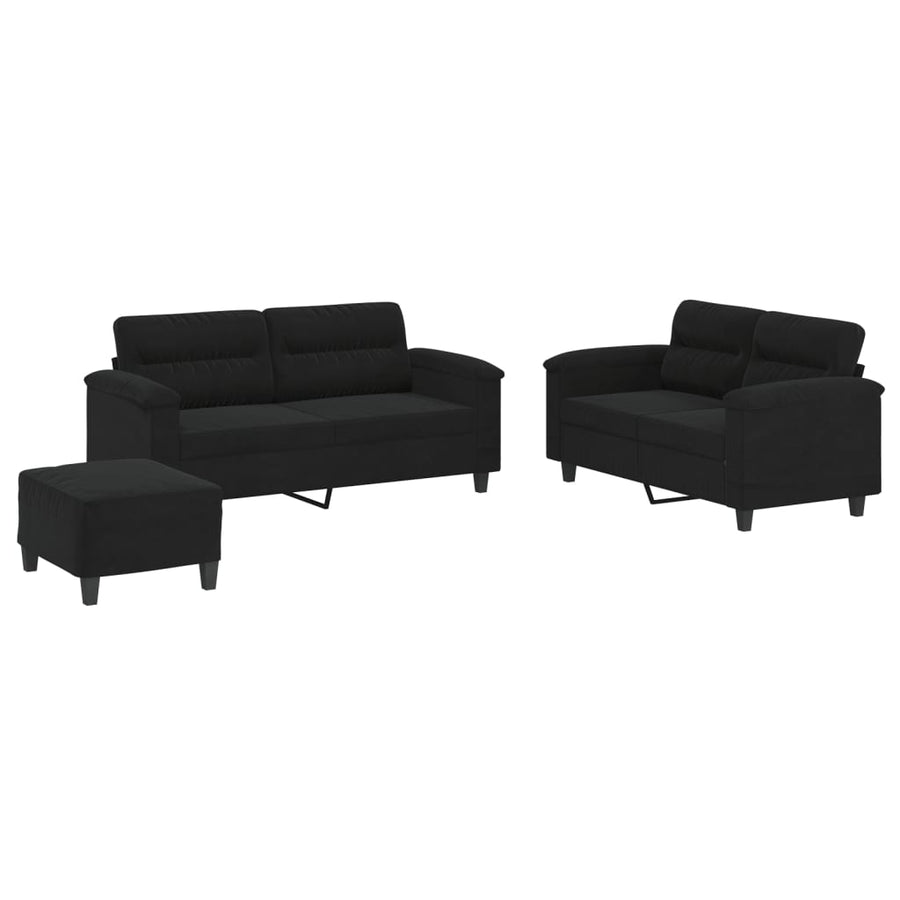 3-delige Loungeset met kussens microvezelstof zwart