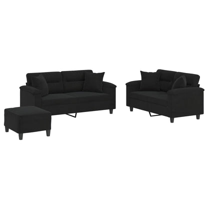 3-delige Loungeset met kussens microvezelstof zwart