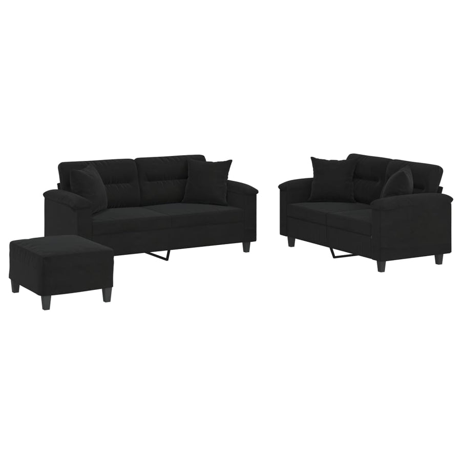 3-delige Loungeset met kussens microvezelstof zwart