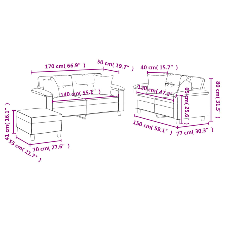 3-delige Loungeset met kussens microvezelstof zwart