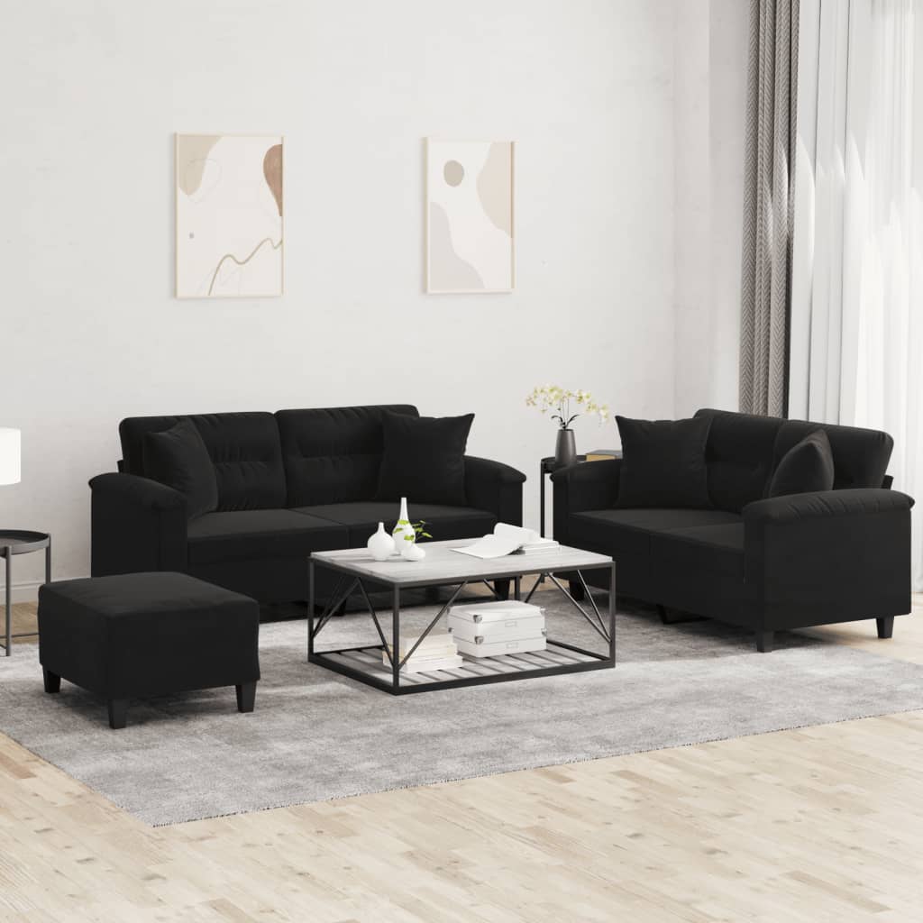 3-delige Loungeset met kussens microvezelstof zwart
