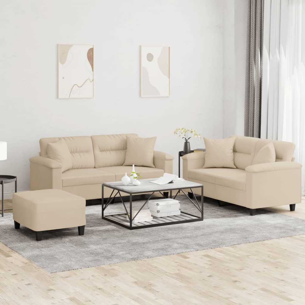 3-delige Loungeset met kussens microvezelstof crèmekleurig