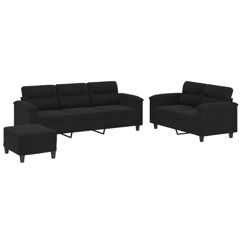 3-delige Loungeset met kussens microvezelstof zwart