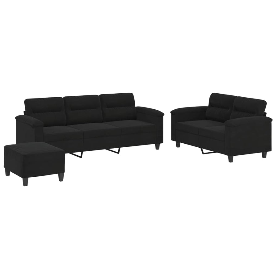 3-delige Loungeset met kussens microvezelstof zwart