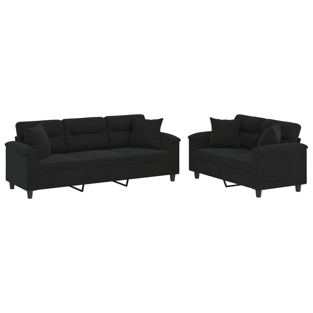 2-delige Loungeset met kussens microvezelstof zwart Zwart met kussens