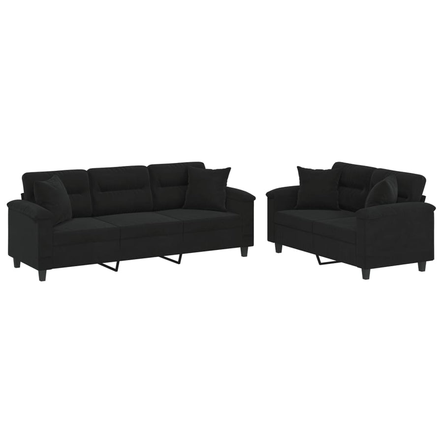 2-delige Loungeset met kussens microvezelstof zwart Zwart met kussens