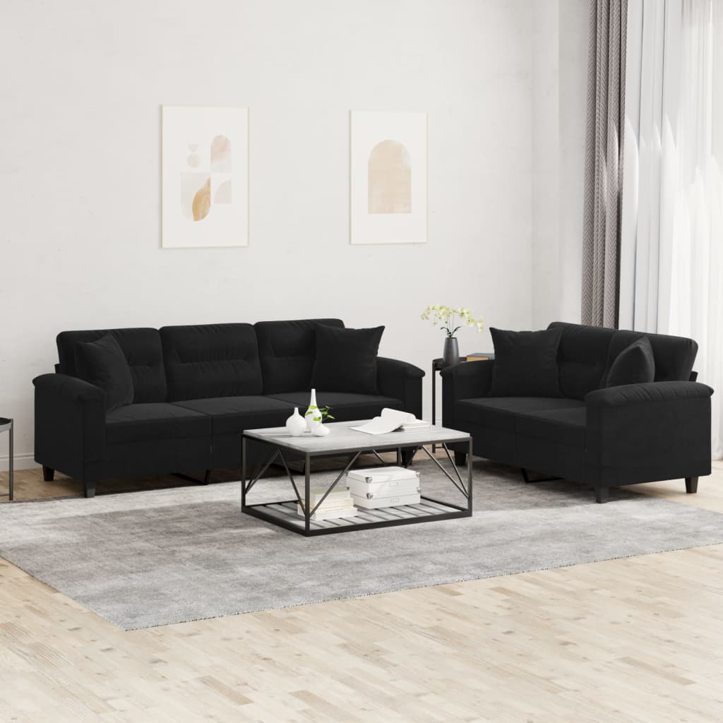 2-delige Loungeset met kussens microvezelstof zwart Zwart met kussens