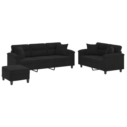 3-delige Loungeset met kussens microvezelstof zwart