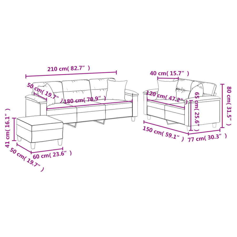 3-delige Loungeset met kussens microvezelstof beige