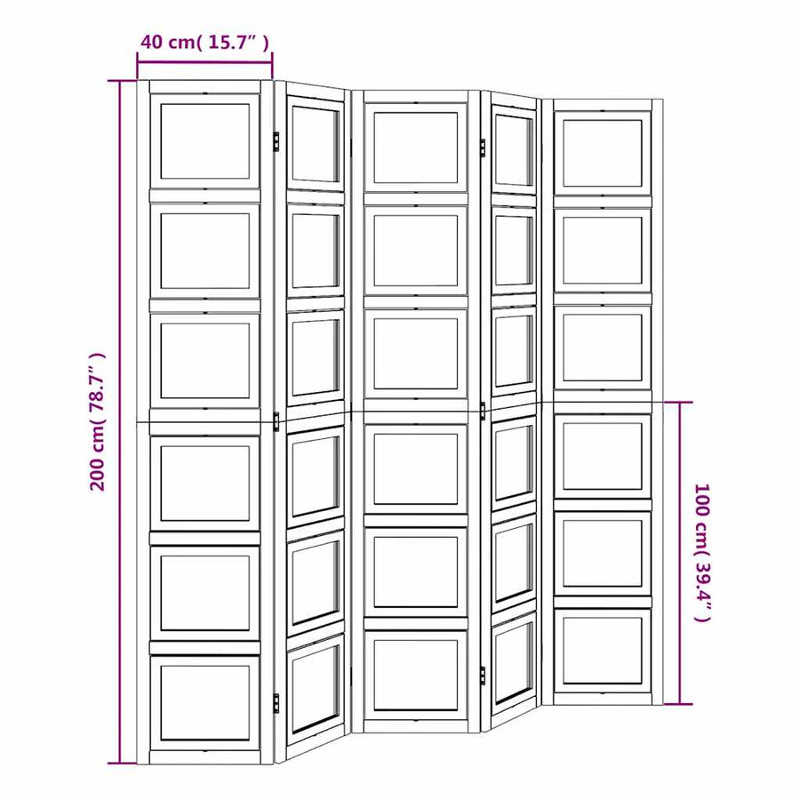 Kamerscherm met 5 panelen massief paulowniahout wit