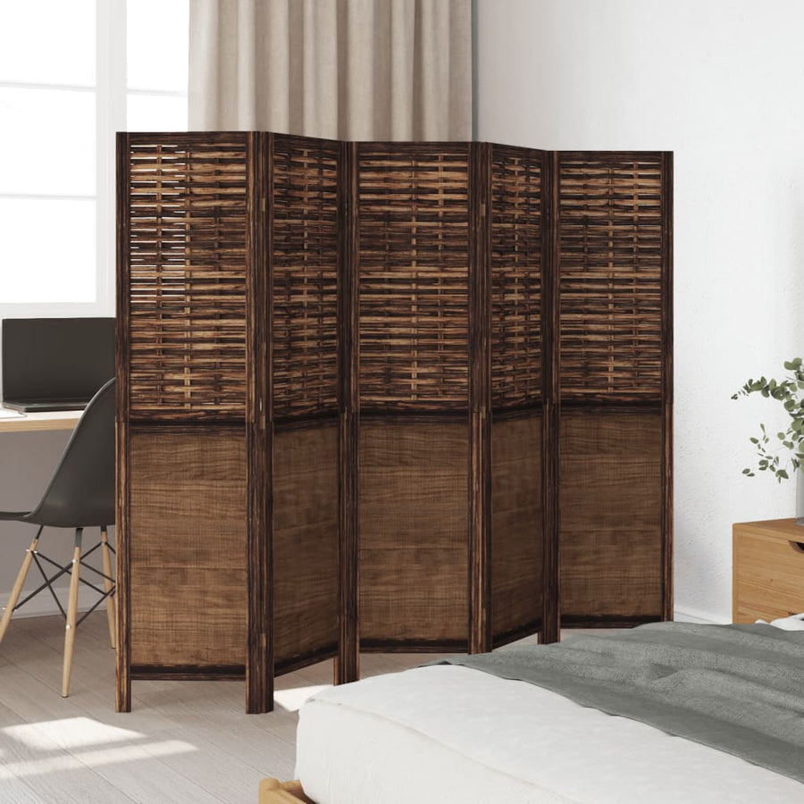 Kamerscherm Met 5 Panelen Massief Paulowniahout Donkerbruin Blauw