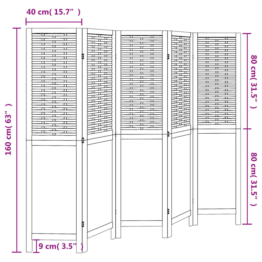 Kamerscherm Met 5 Panelen Massief Paulowniahout Donkerbruin Blauw