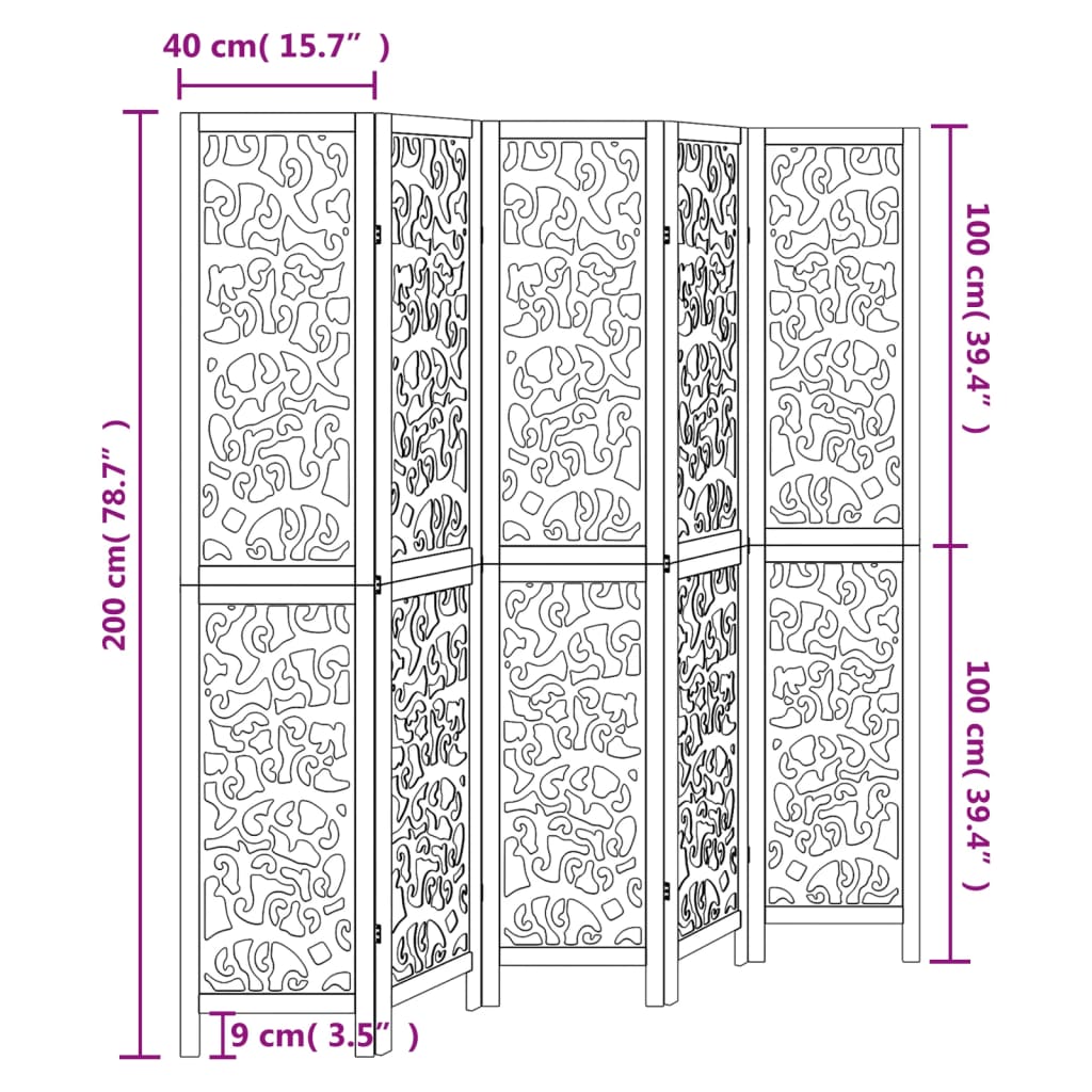 Kamerscherm met 5 panelen massief paulowniahout wit