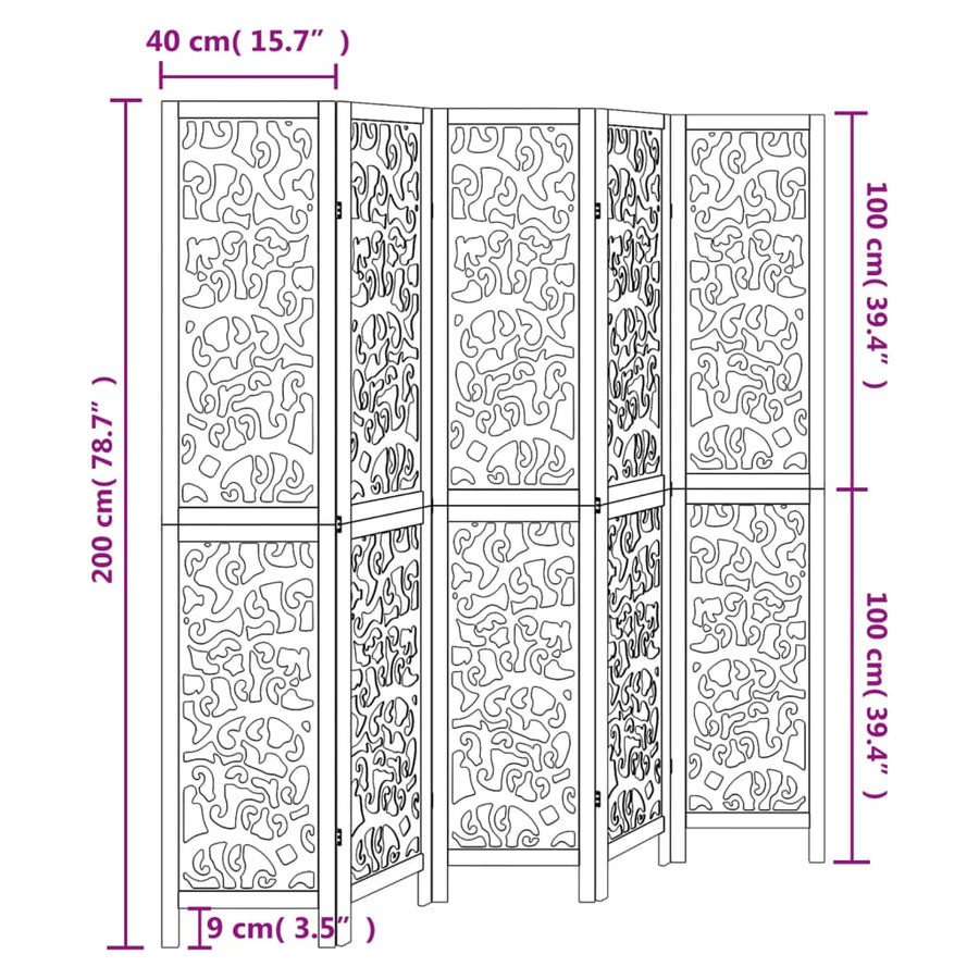 Kamerscherm met 5 panelen massief paulowniahout wit