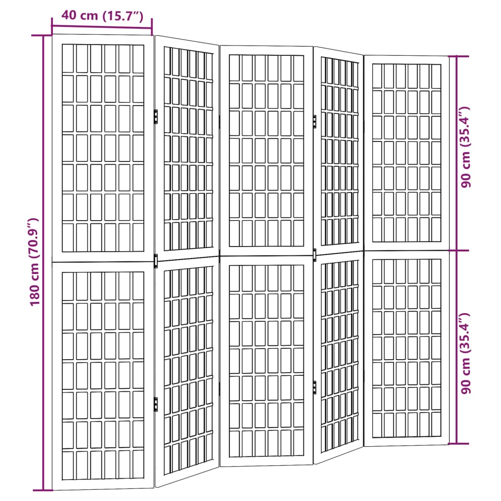 Kamerscherm met 5 panelen massief paulowniahout wit