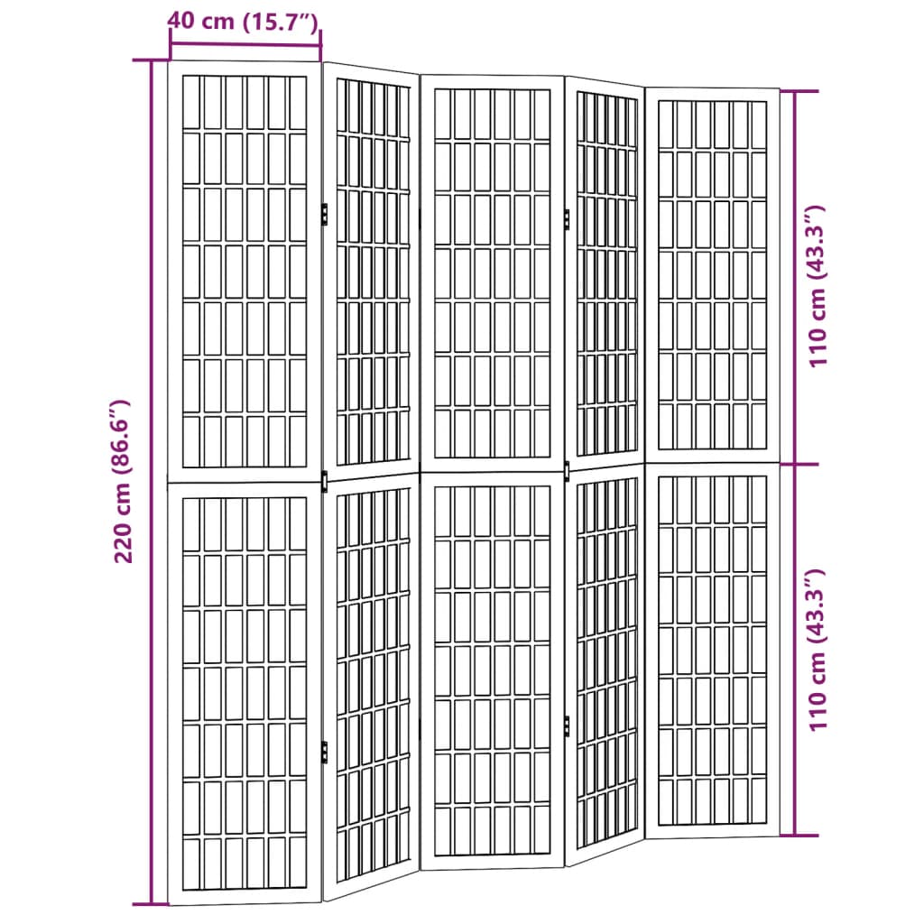 Kamerscherm met 5 panelen massief paulowniahout wit