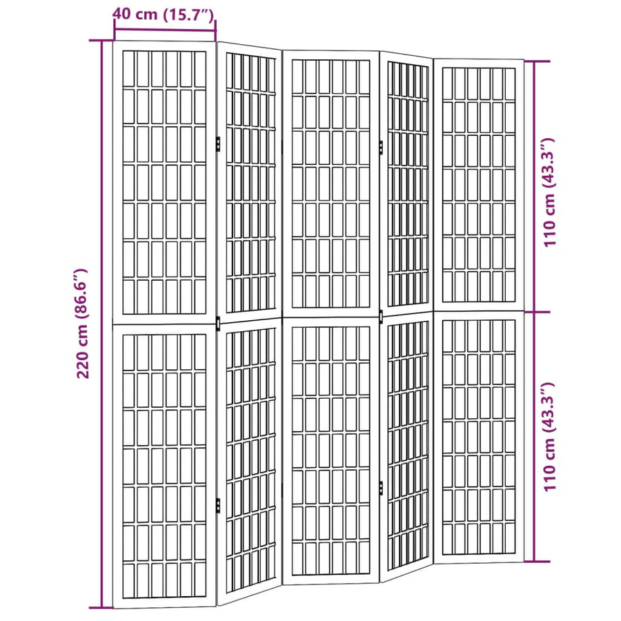 Kamerscherm met 5 panelen massief paulowniahout wit
