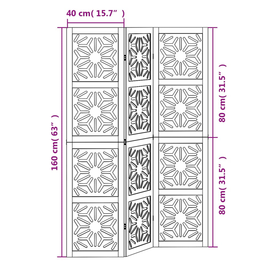 Kamerscherm met 3 panelen massief paulowniahout zwart