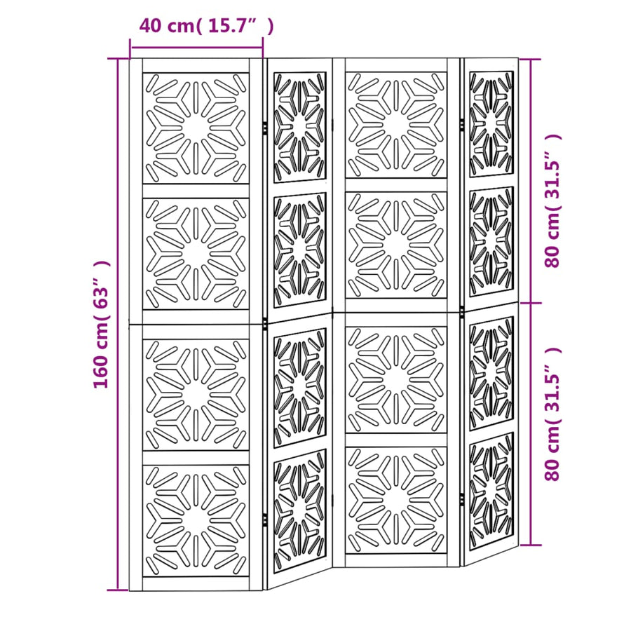 Kamerscherm met 4 panelen massief paulowniahout bruin en zwart