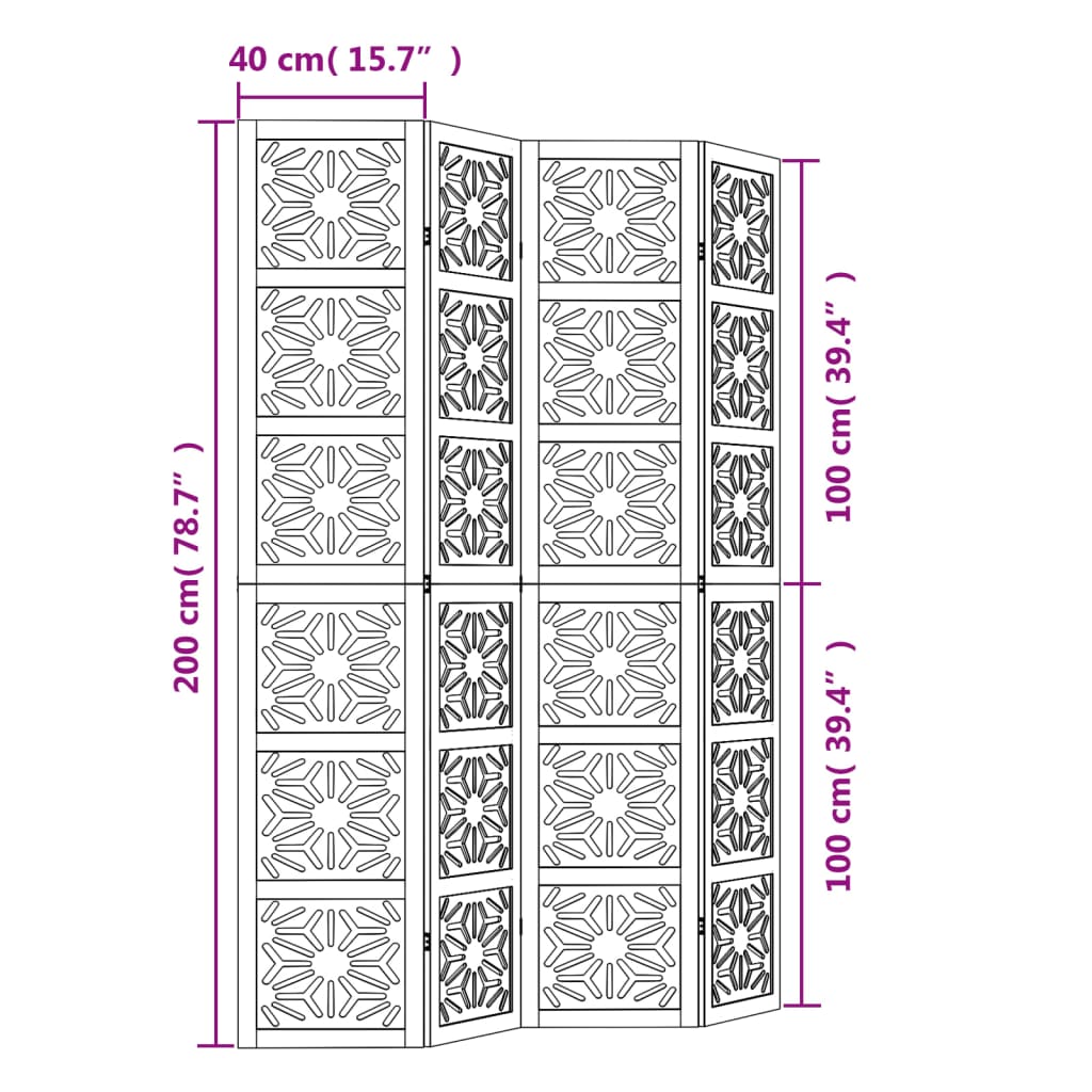 Kamerscherm met 4 panelen massief paulowniahout bruin en zwart