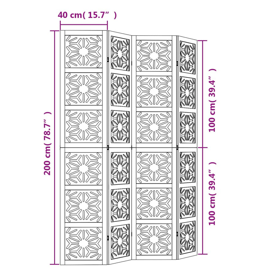Kamerscherm met 4 panelen massief paulowniahout bruin en zwart