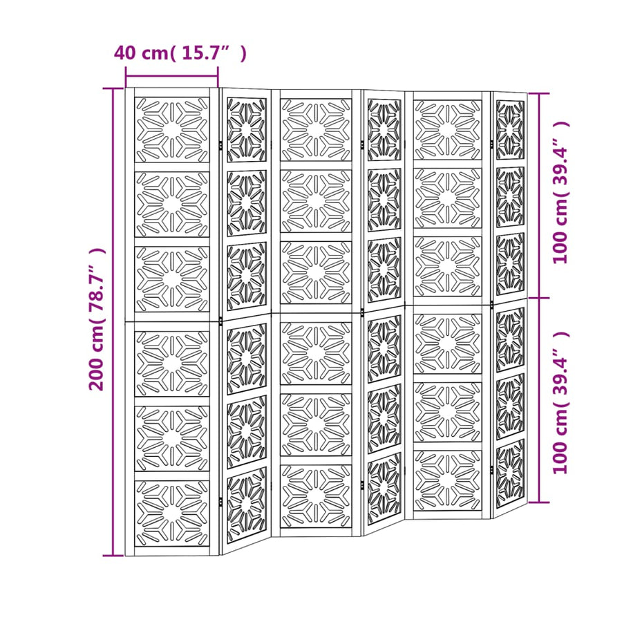 Kamerscherm met 6 panelen massief paulowniahout bruin en zwart