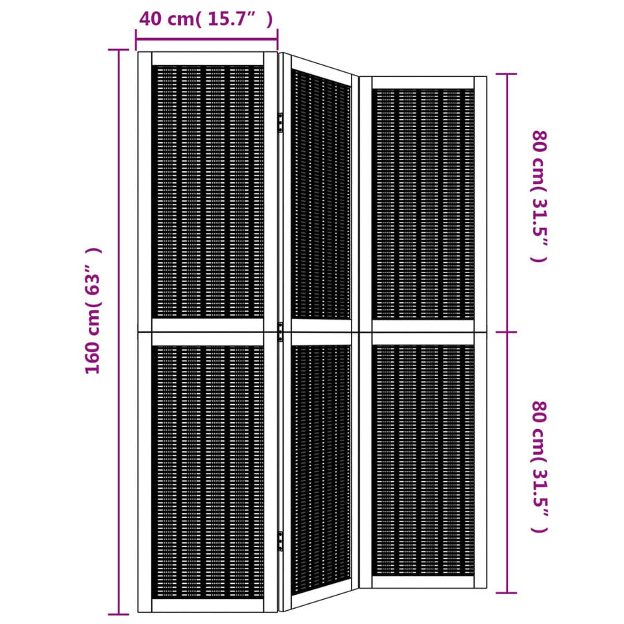 Kamerscherm met 3 panelen massief paulowniahout bruin