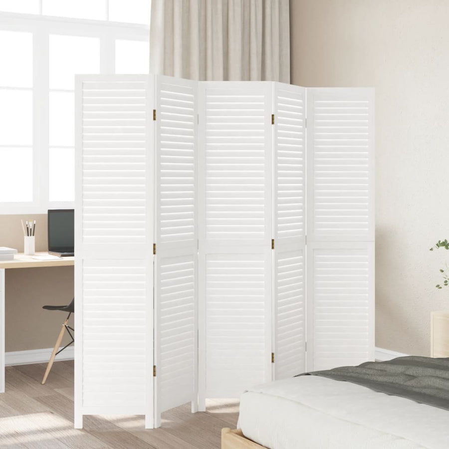 Kamerscherm Met 5 Panelen Massief Paulowniahout Wit