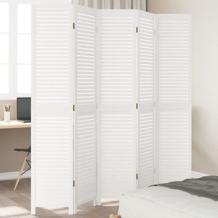 Kamerscherm Met 5 Panelen Massief Paulowniahout Wit