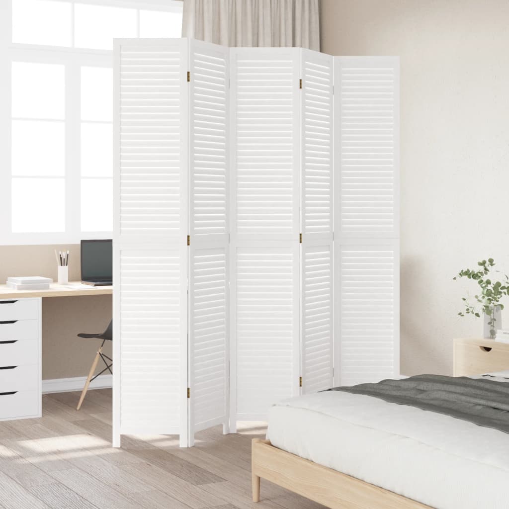 Kamerscherm Met 5 Panelen Massief Paulowniahout Wit