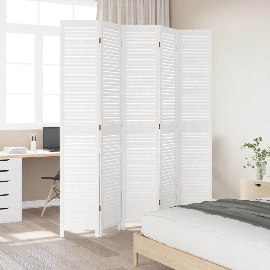Kamerscherm Met 5 Panelen Massief Paulowniahout Wit
