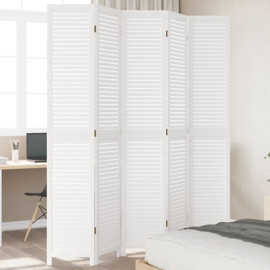Kamerscherm Met 5 Panelen Massief Paulowniahout Wit