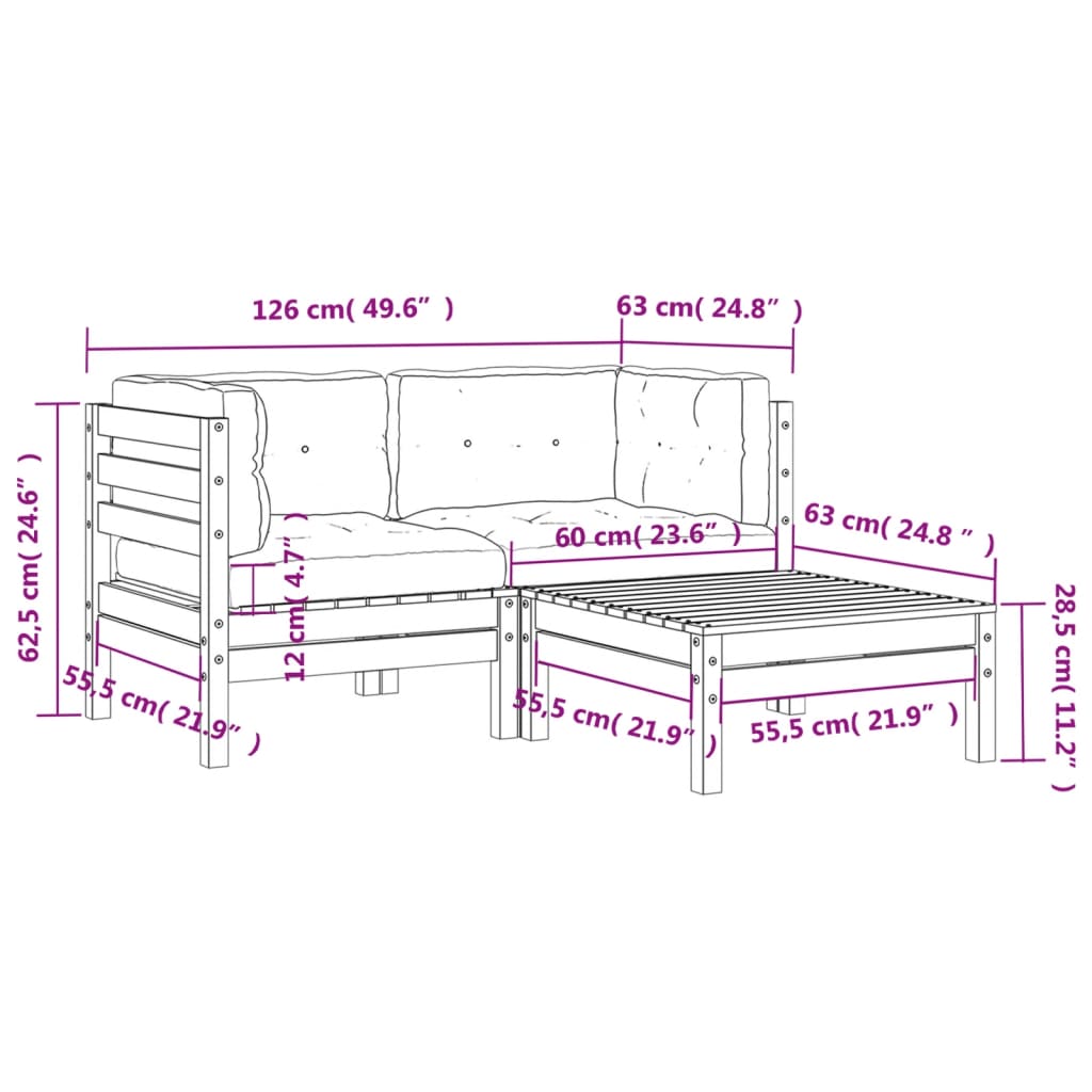 Tuinbank 2-zits met kussens en voetenbank Bruingrenen 2x corner + footrest