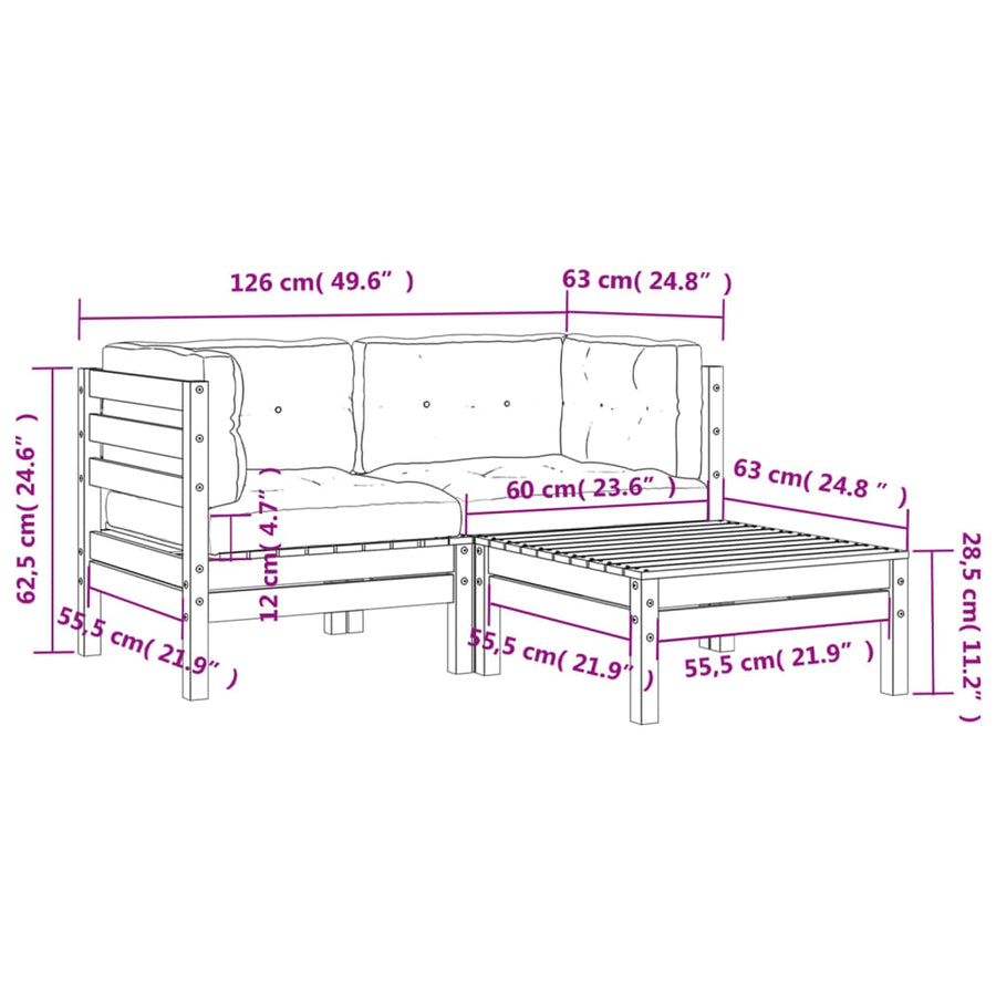 Tuinbank 2-zits met kussens en voetenbank Naturel geïmpregneerd 2x corner + footrest