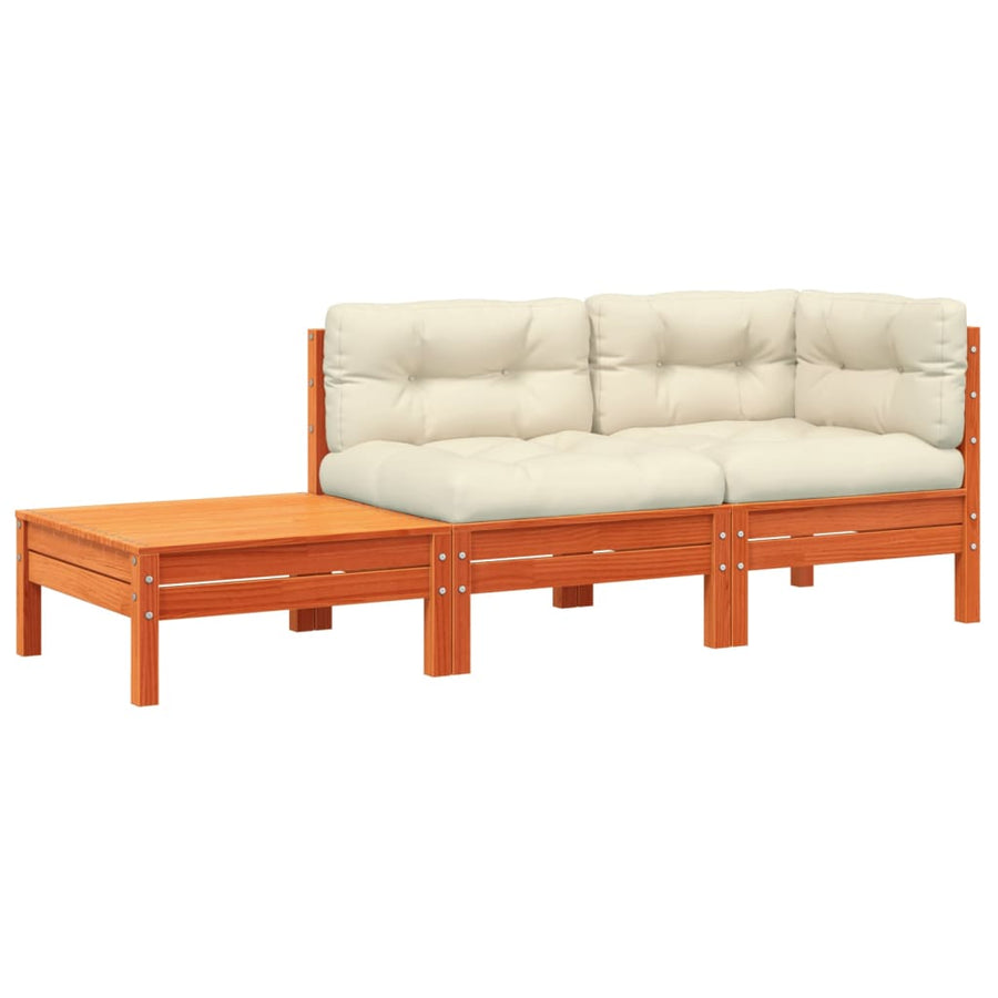 Tuinbank met kussens en voetenbank massief grenenhout Bruingrenen corner + chair + footrest