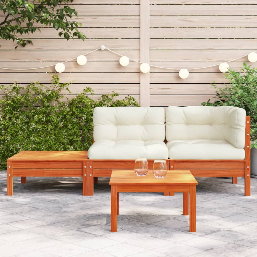 Tuinbank met kussens en voetenbank massief grenenhout Bruingrenen corner + chair + footrest