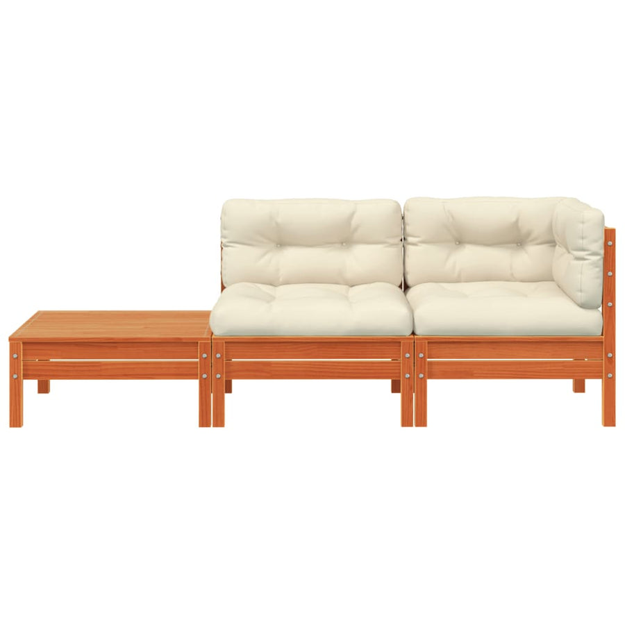 Tuinbank met kussens en voetenbank massief grenenhout Bruingrenen corner + chair + footrest