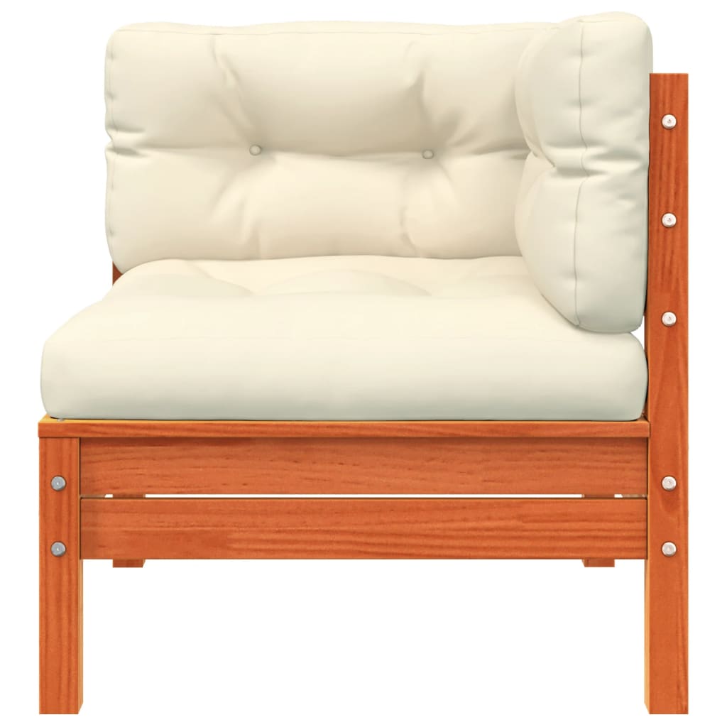 Tuinbank met kussens en voetenbank massief grenenhout Bruingrenen corner + chair + footrest