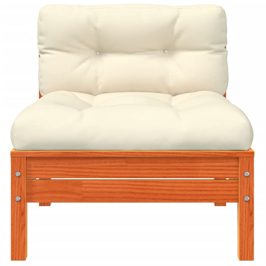Tuinbank met kussens en voetenbank massief grenenhout Bruingrenen corner + chair + footrest
