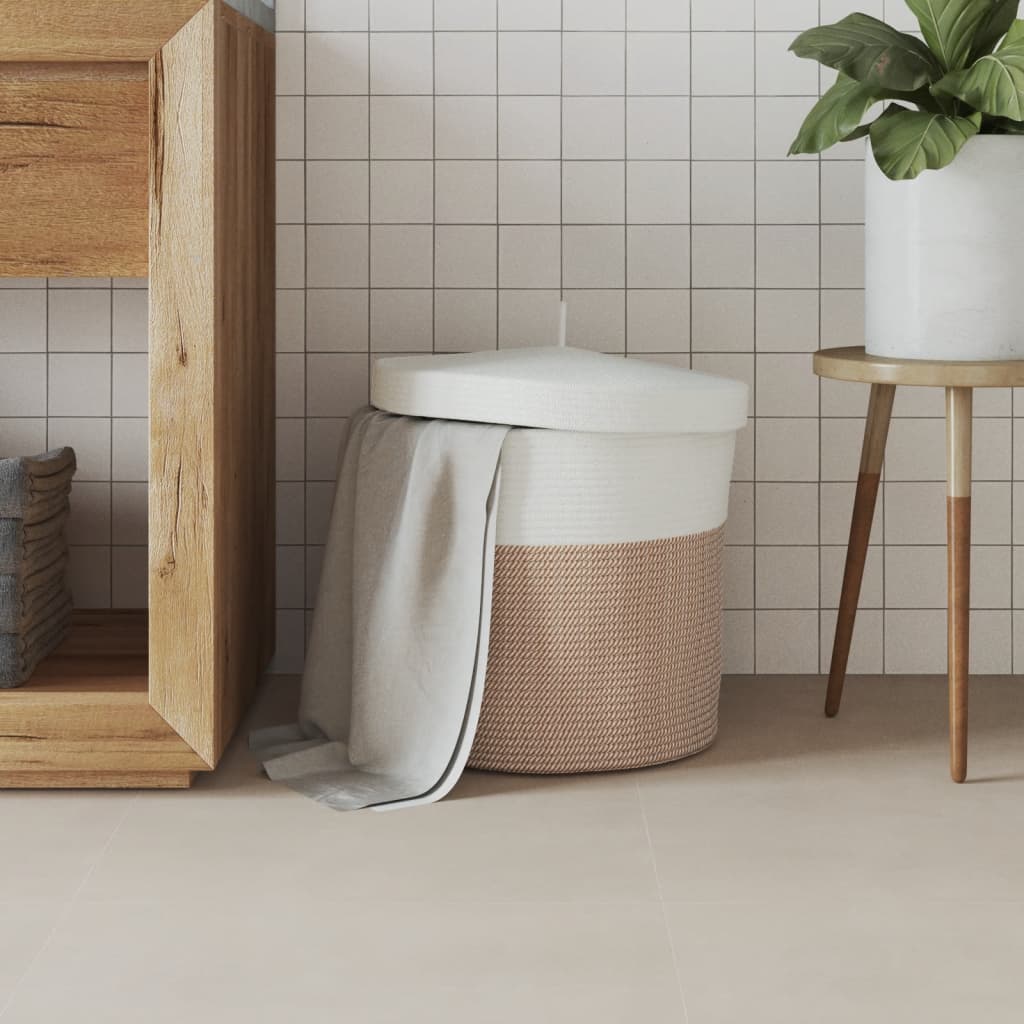 Opbergmand Met Deksel Ø 40X35 Cm Katoen En Wit Bruin