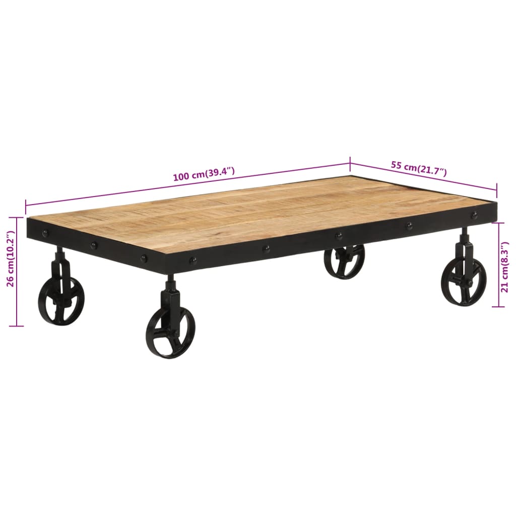 Salontafel met wieltjes 100x55x26 cm massief mangohout