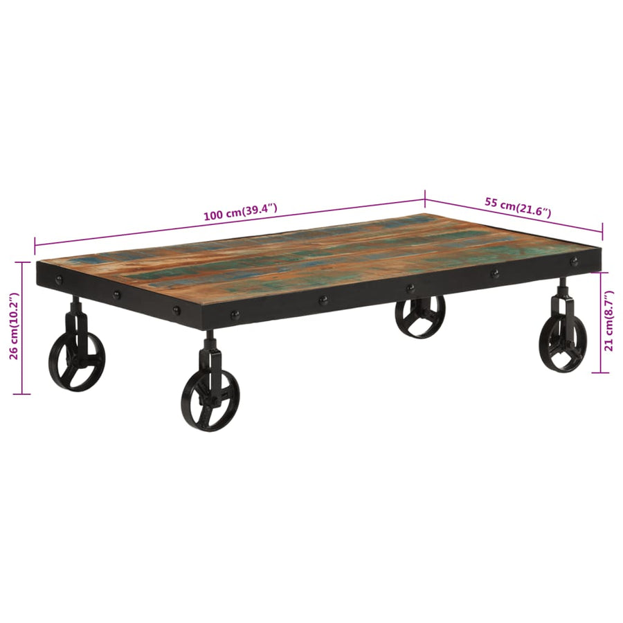 Salontafel met wieltjes 100x55x26 cm massief gerecycled hout